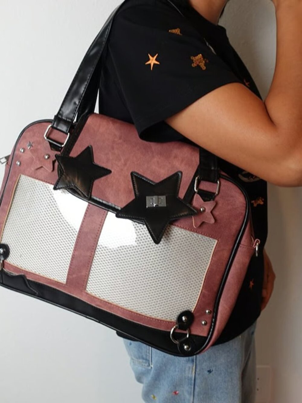 Dusty Pink Large Y2K Ita Bag Crossbody, Vegan Leather Pin Display Shoulder Bag